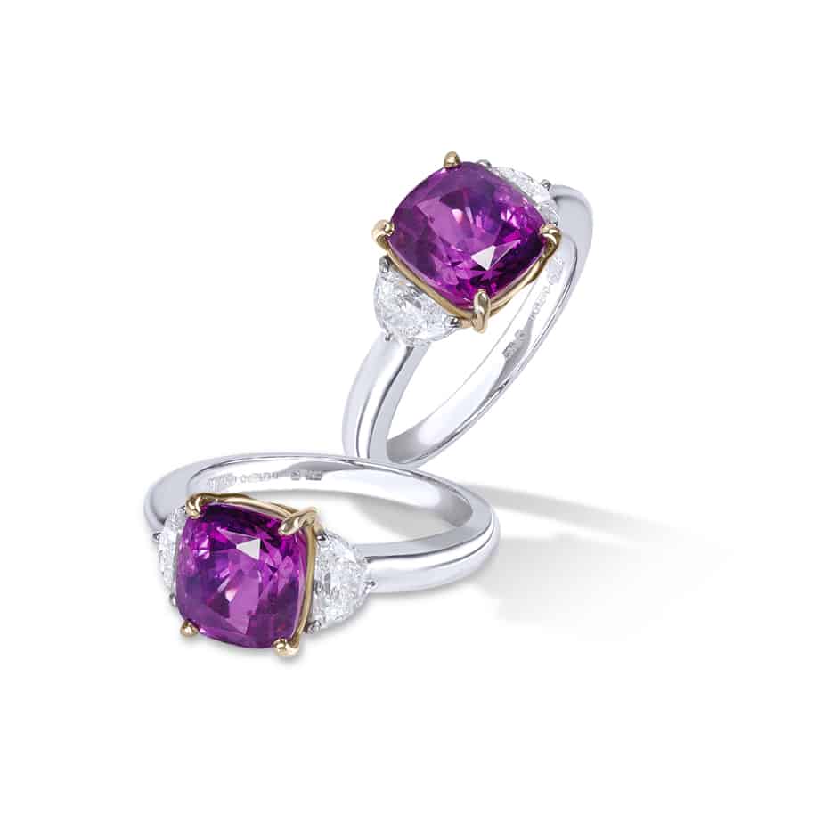 Cushion purple sapphire & half moon diamond ring