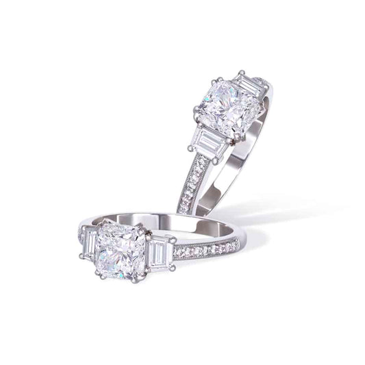 Cushion & trapeze cut diamond 3 stone ring