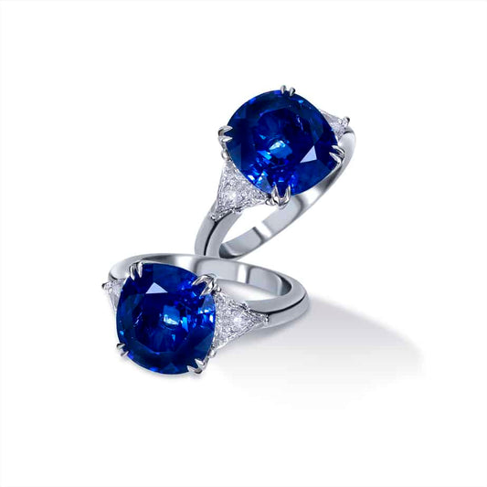 Cushion cut sapphire and trillion cut diamond ring
