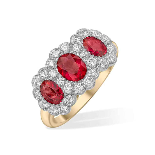 Oval ruby triple cluster ring
