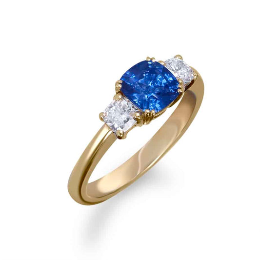 Cushion sapphire & diamond 3 stone ring