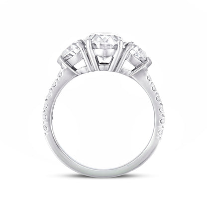 Oval and heart shape diamond three stone ring with microset diamond shank in platinum, side view