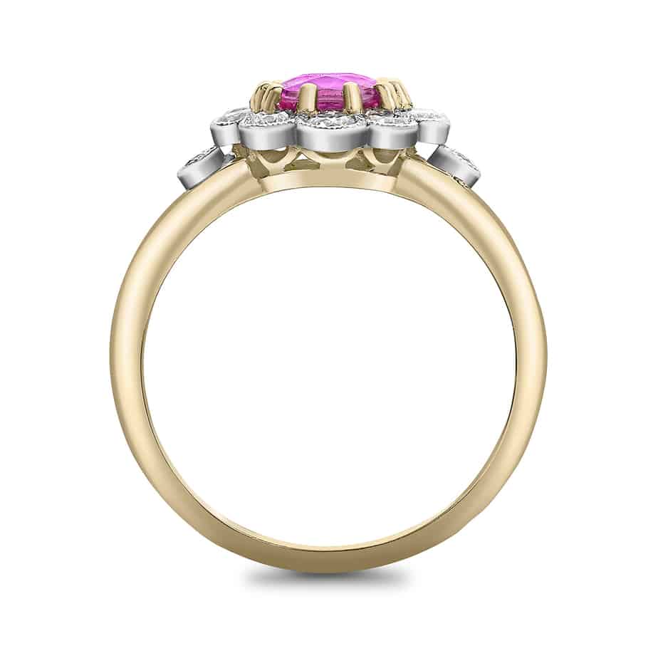 Oval pink sapphire and diamond cluster ring