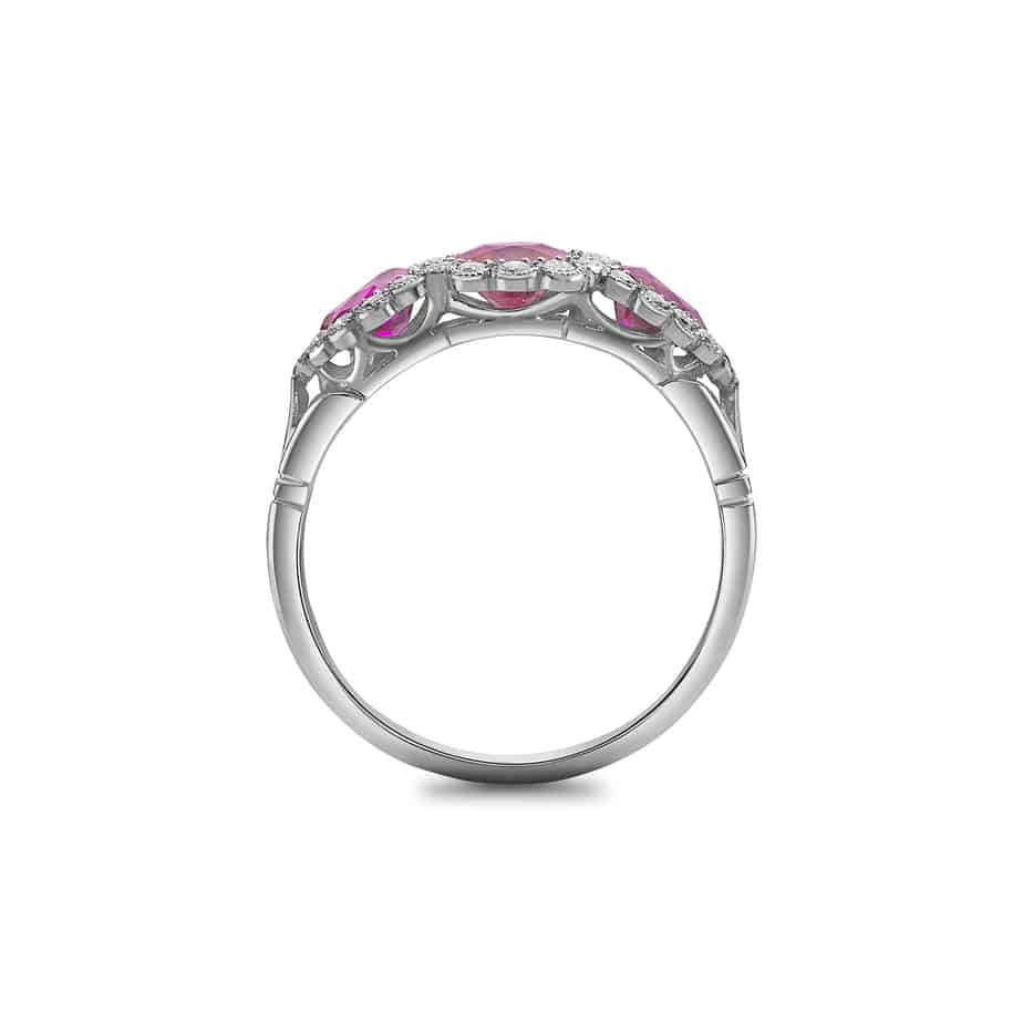 Cushion and drop ruby triple cluster ring