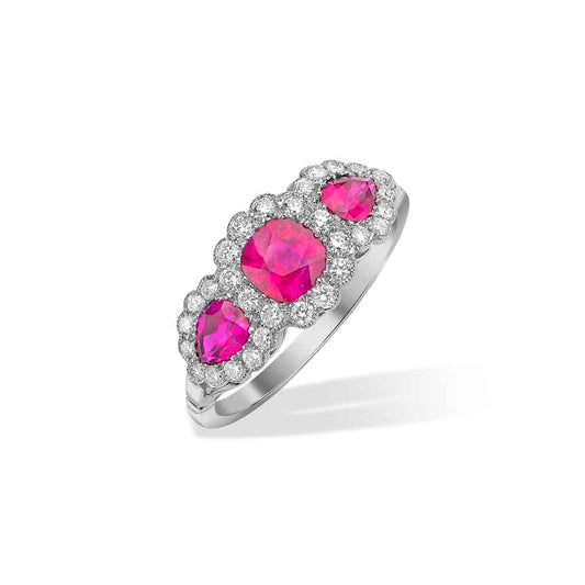 Cushion and drop ruby triple cluster ring