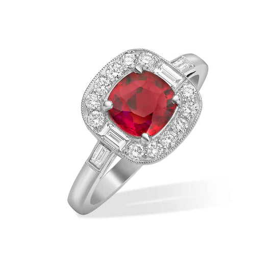 Cushion ruby and diamond cluster ring