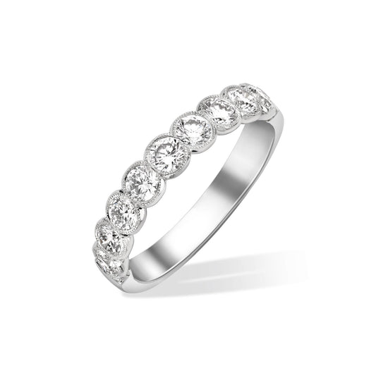 Rubover set diamond half eternity ring in platinum, front view